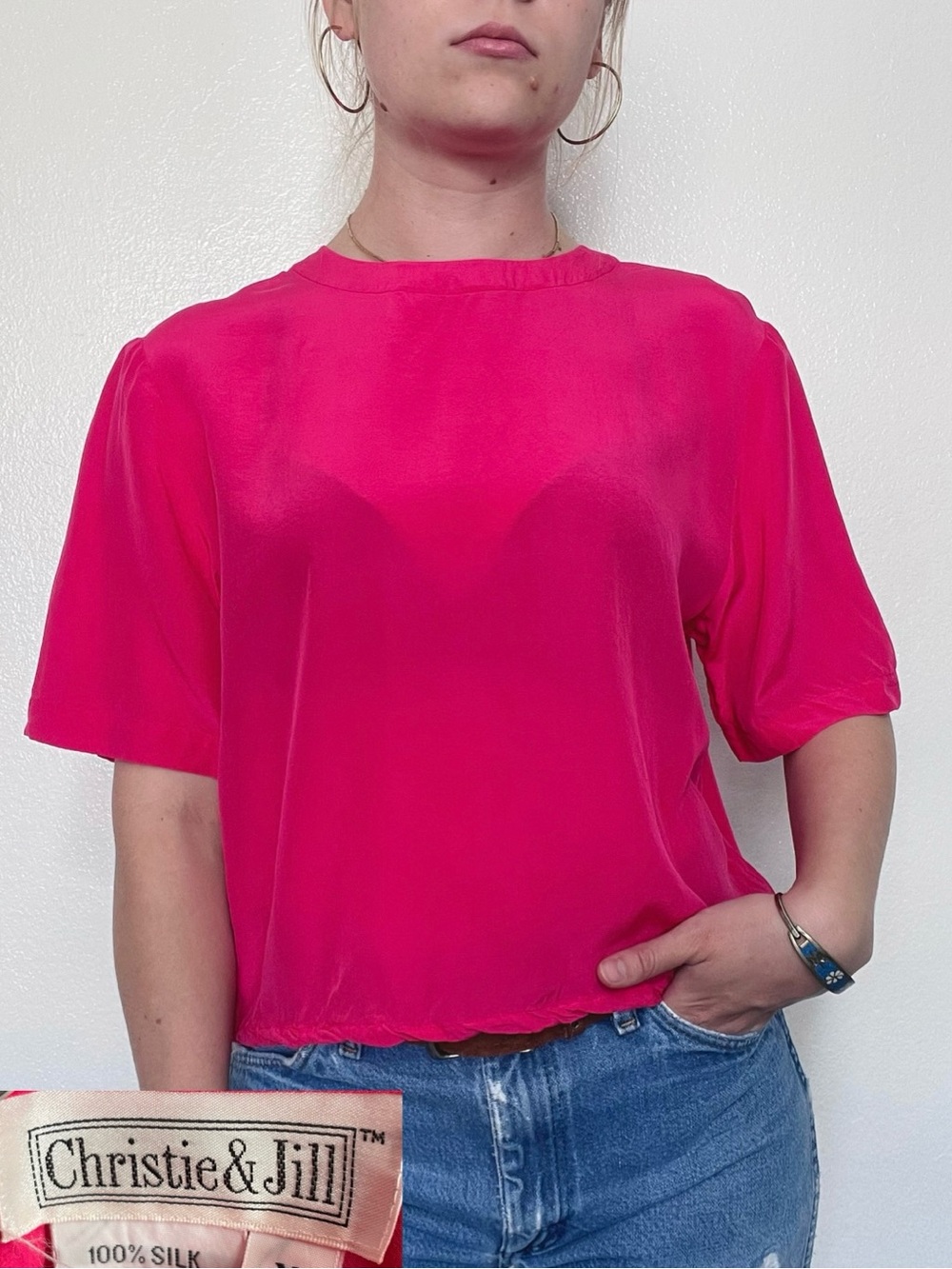 Christie & Jill | Vintage 80s Bright Pink Silk Crop Top Blouse